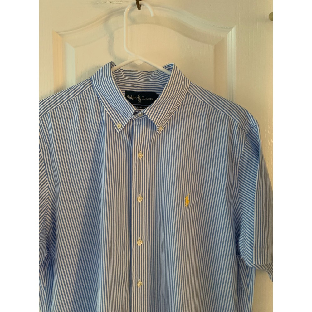 Ralph Lauren Mens Large Classic Fit Blue White Striped Short Sleeve Button Down